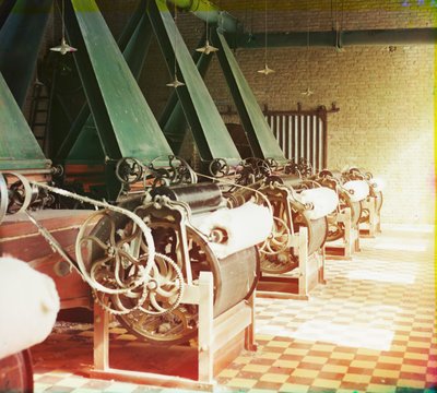 Cotton Textile Mill Interior with Machines Producing Cotton Thread, Probably in Tashkent, 1905-1915 by Sergey Prokudin Gorsky
